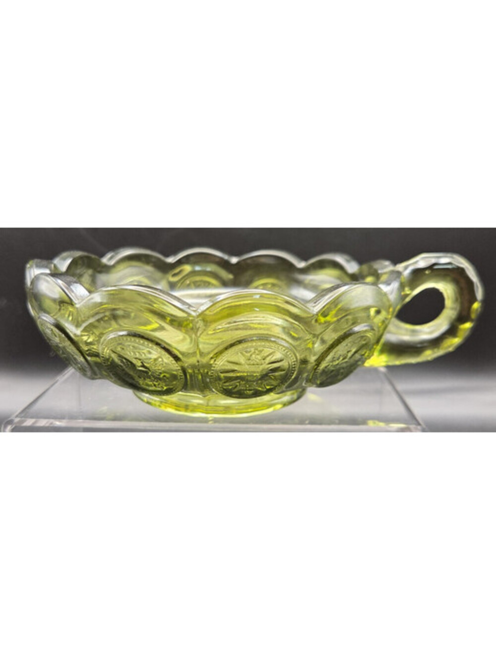 Vintage Fostoria Olive Green Coin Glass Handled Nappy Bowl Dish 1887 Eagle Torch